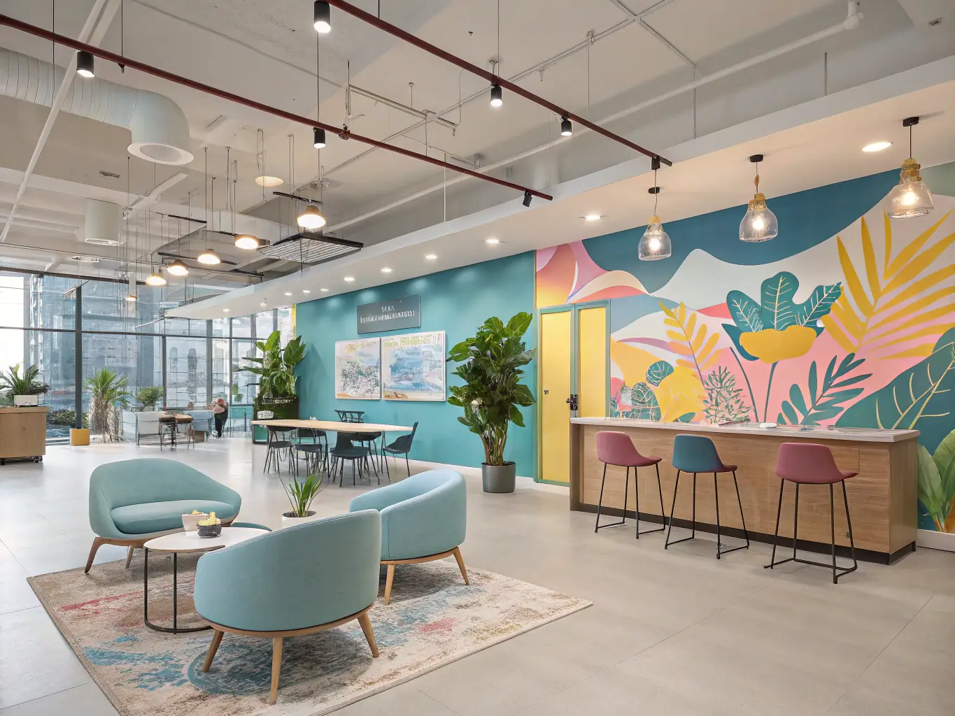 A bright and airy breakout room with round tables and comfortable chairs, designed for smaller group discussions.