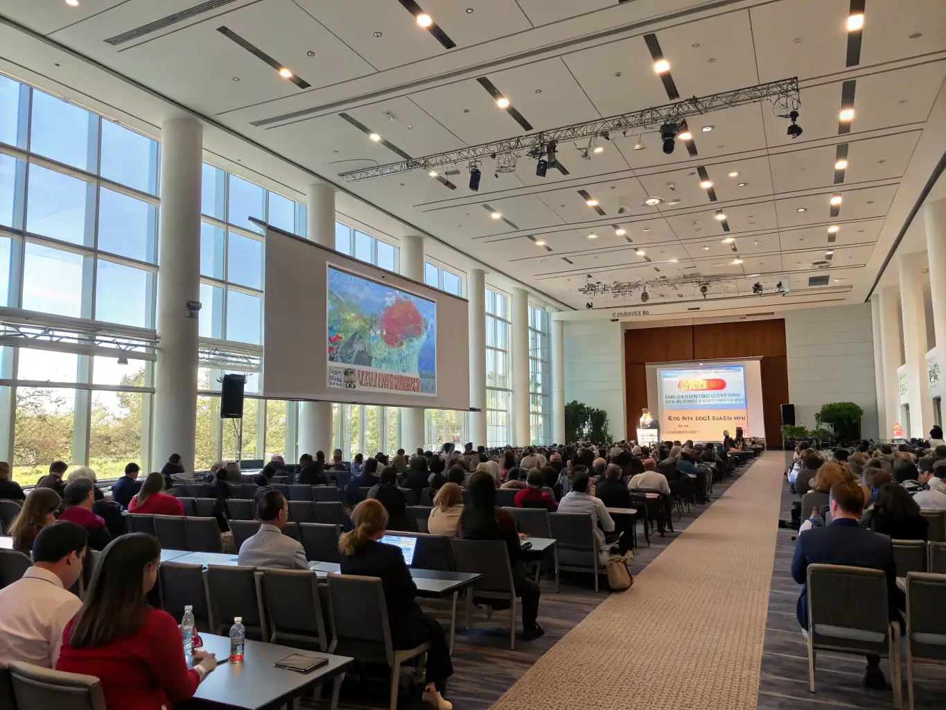 A modern conference hall with large windows and comfortable seating, set up for a presentation.
