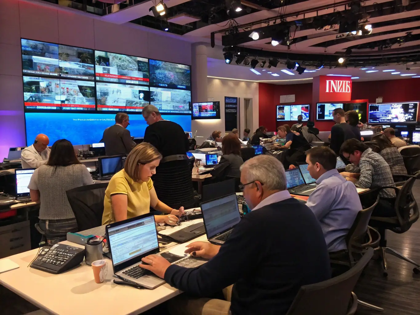 A well-equipped press room with computers and desks, providing a dedicated space for media representatives to cover the conference.