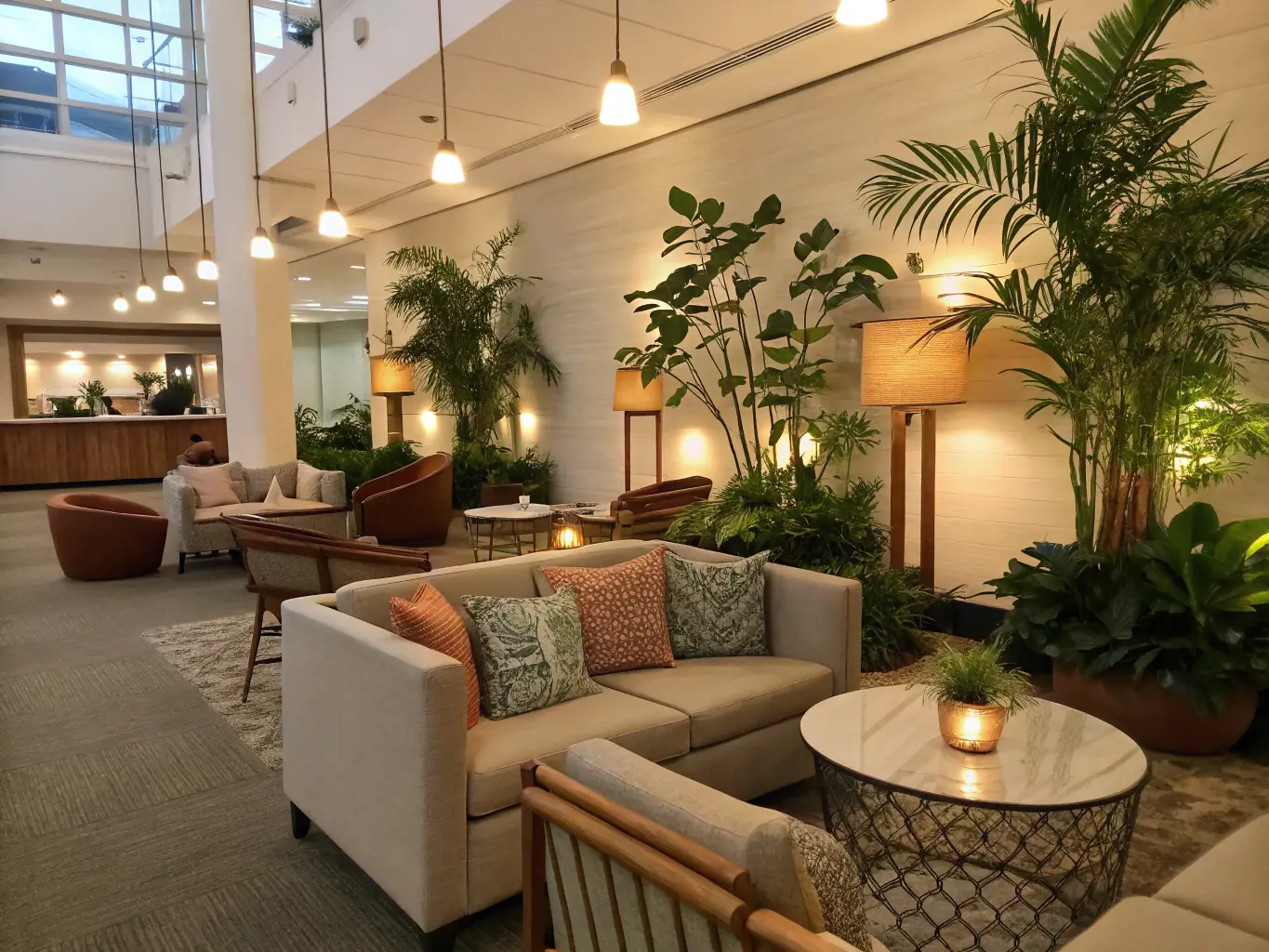 A stylish networking lounge with comfortable sofas and coffee tables, perfect for informal meetings and conversations.