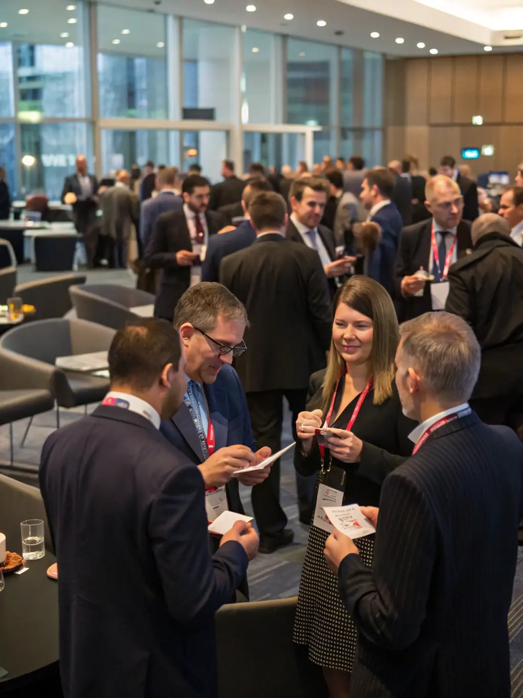 A candid photograph capturing a group of attendees at the Startup Conferences International, actively networking and exchanging business cards during a coffee break.