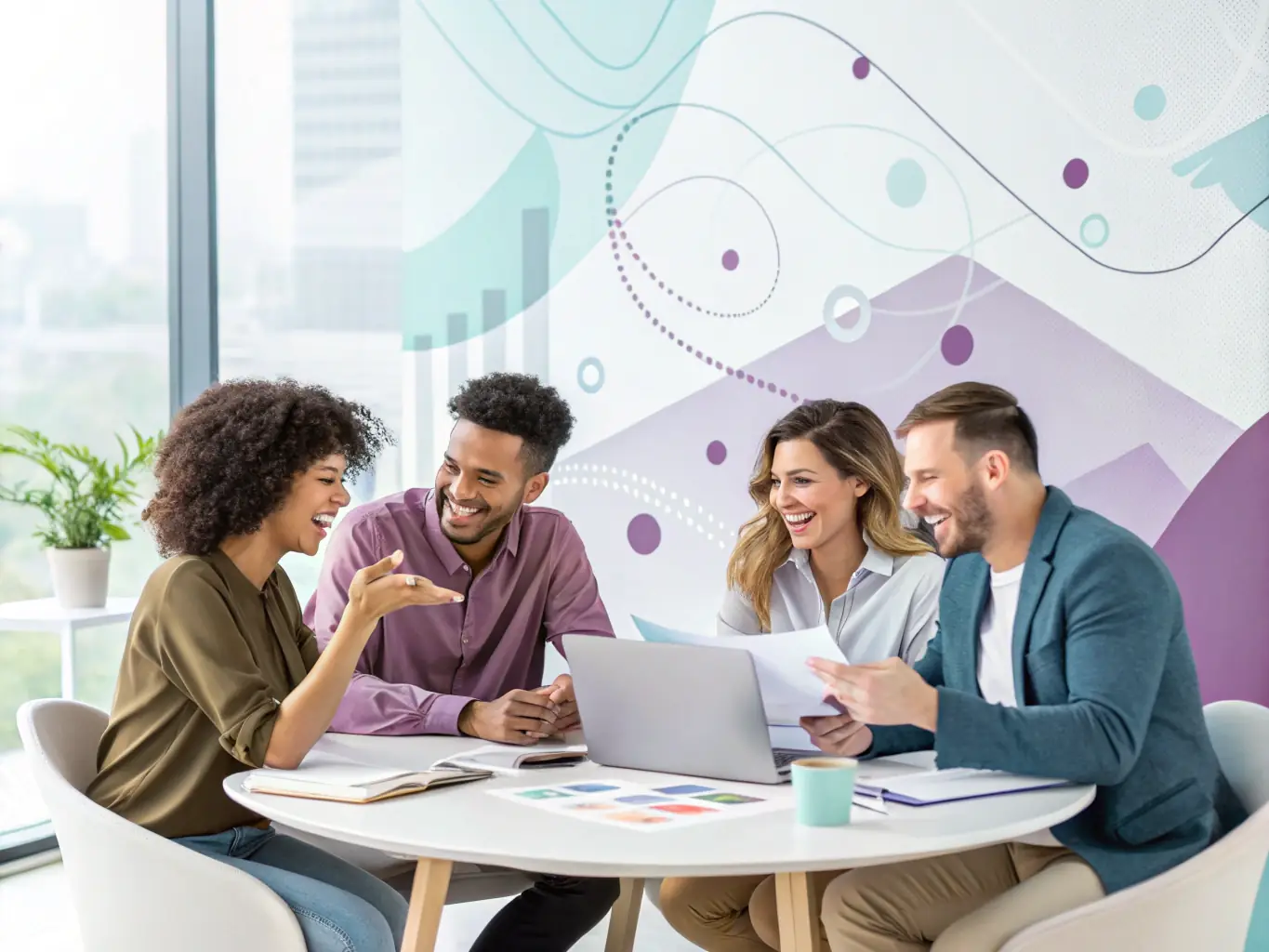 A diverse group of professionals actively networking during a coffee break at a startup conference, exchanging business cards and engaging in lively conversations.
